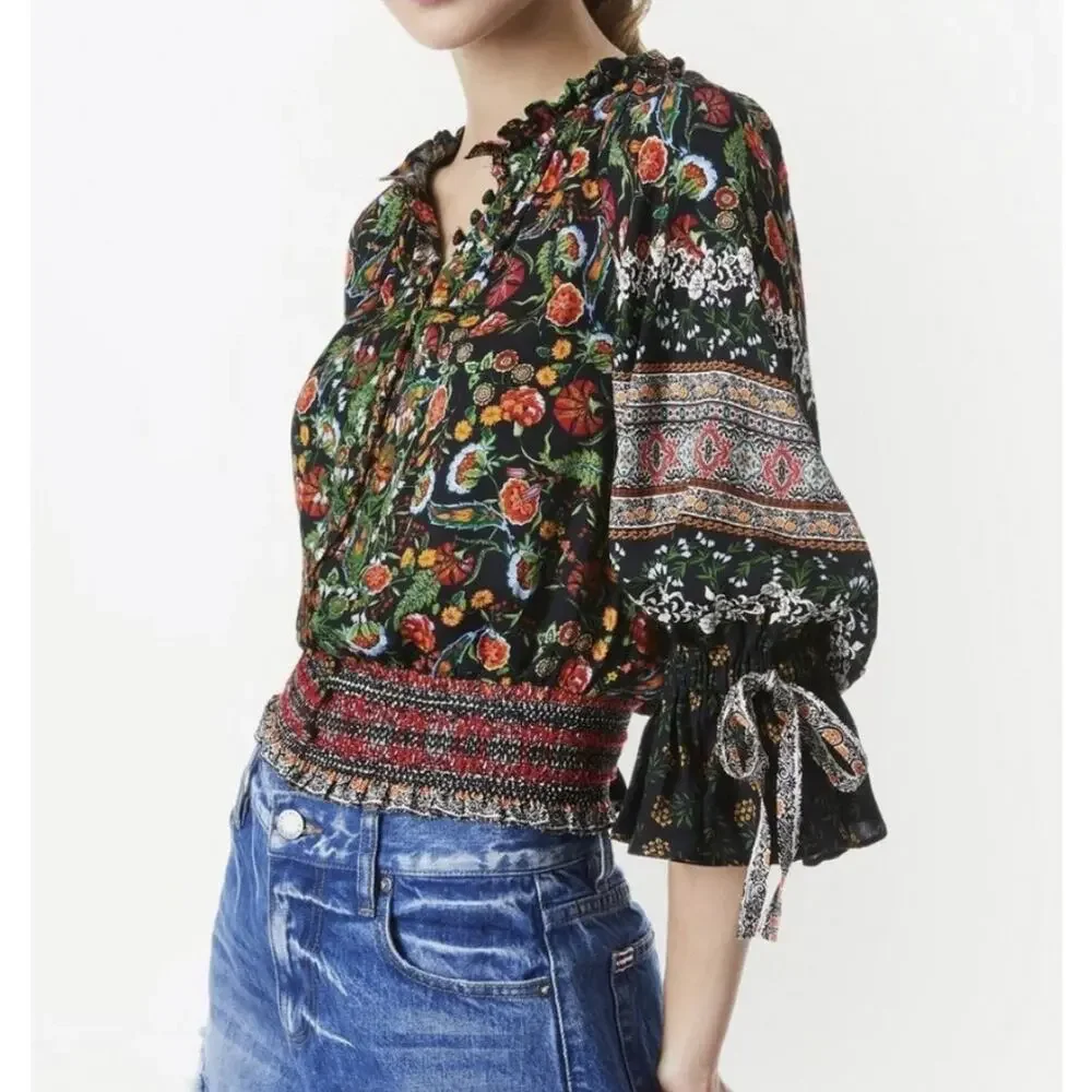 Alice + Olivia Kora Smocked Floral Peasant Top Ruffle Sleeve - Picture 7 of 7